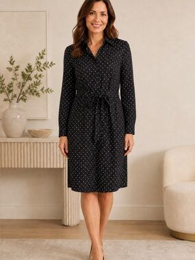 White House Black Market Black Polka Dot Belted Shirt Dress Size 14